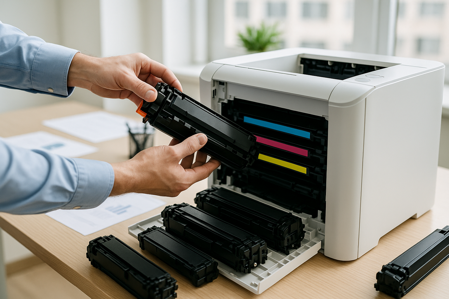 toner cartridges into a printer, office